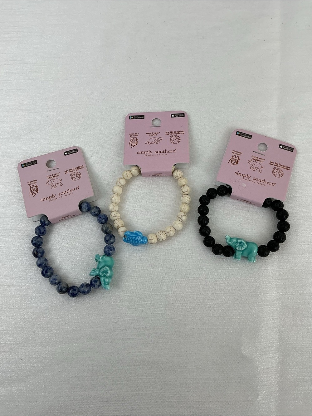 Simply Southern Turtle Elephant Tracker Bracelet w/Blue Animal Set of 3 NWT